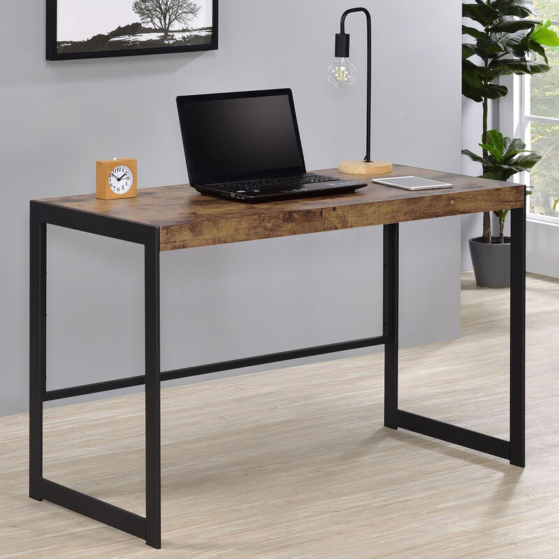 Writing Desk in Elegant Antique Nutmeg and Stylish Gunmetal Finish, Vintage Inspired Office Furniture with Spacious Storage Draw