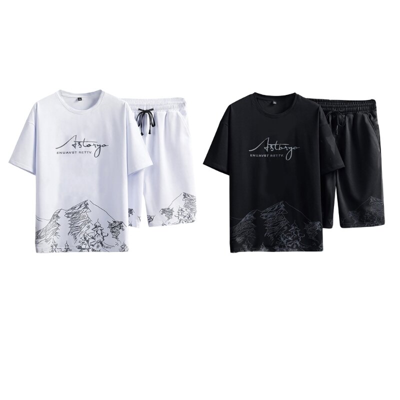 남성용 2 피스 마운틴 프린트 트랙슈트 반팔 티셔츠와 반바지, 포켓 드랍쉽