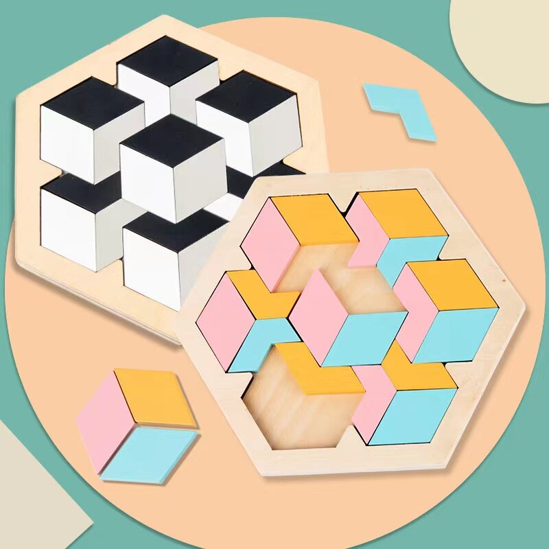 Rompecabezas de bloques de madera para niños, puzle estéreo Tangram, inteligencia 3D, bloques rusos, juego Stem rompecabezas de juguete