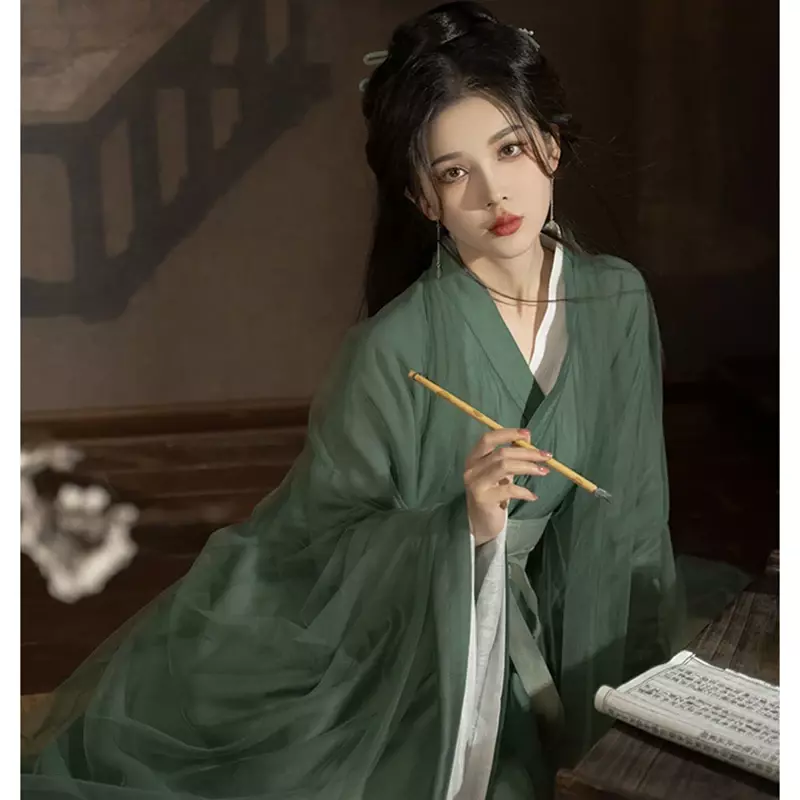 Hanfu Set gaun Cosplay wanita, kostum Hanfu tradisional Cina kuno hijau dengan Set gaun putih musim panas