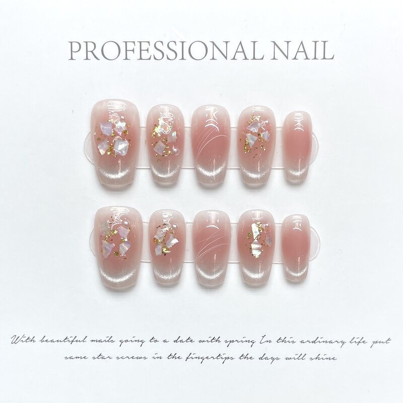 Shell and Pearl Handmade Nails Press on Full Cover Manicuree Cat's Eye Elegance False Nails Wearable Artificial With Tool Kit