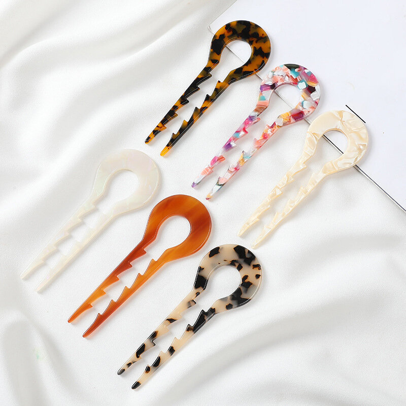 Acetate Hair Stick Fork For Women Retro Marble Leopard U-shaped Hairpins Headwear Girls Hair Bun Headdress Hair Accessories
