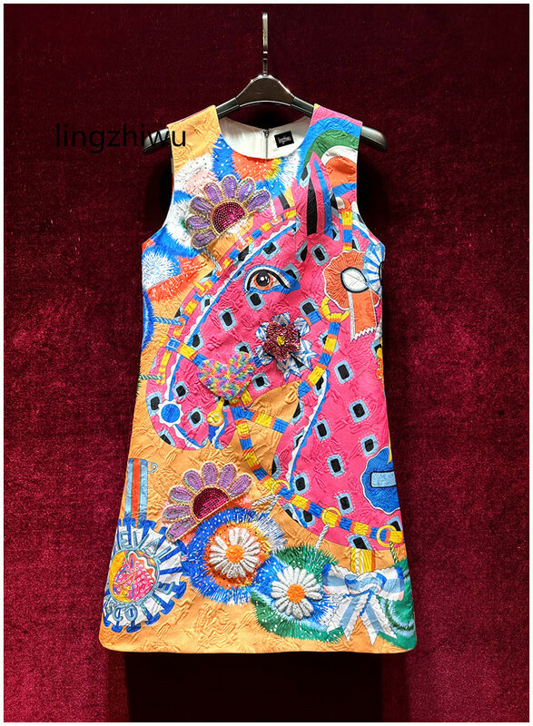 Lingzhiwu-vestido Jacquard hecho a mano para mujer, elegante vestido Vintage con cuentas, cuello redondo, corte en A, sin mangas, ajustado, novedad de verano