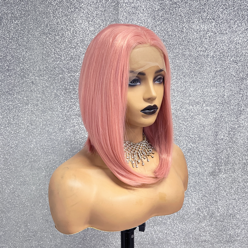 Drag Queen короткий Боб фальшивый вырез 16 дюймов розовый цвет Предварительно вырезанный 13x3,5 дюймов синтетическое кружево фронтальная Косплей парики с детскими волосами