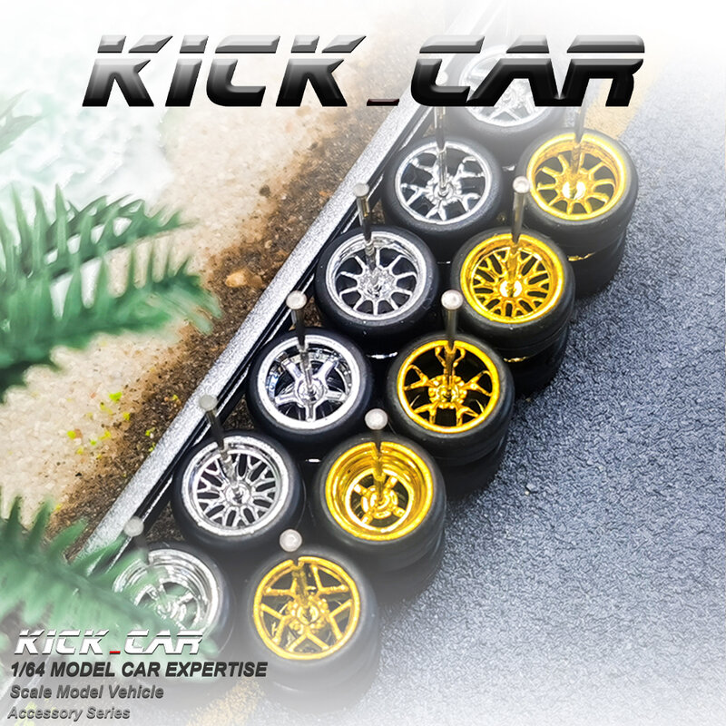 Ruedas galvanizadas de Kickcar 1/64, neumáticos de goma, detalle de radios, Kit modificado para 1:64 Hotwheels, modelo de coche de juguete, Kit de ruedas, 4 piezas/bolsa