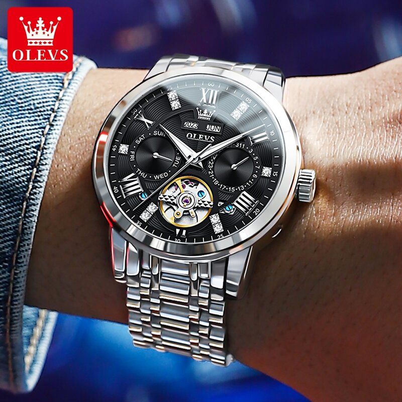 OLEVS Brand New luksusowy zegarek mechaniczny z tourbillonem dla mężczyzn pasek ze stali nierdzewnej wodoodporny kalendarz tygodniowy modne zegarki męskie