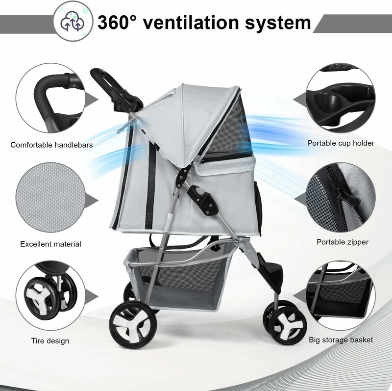 Dog Stroller, Pet Stroller for Small Dogs Cats, Up to 33 LBS with Storage Basket & Cup Holder, Grey