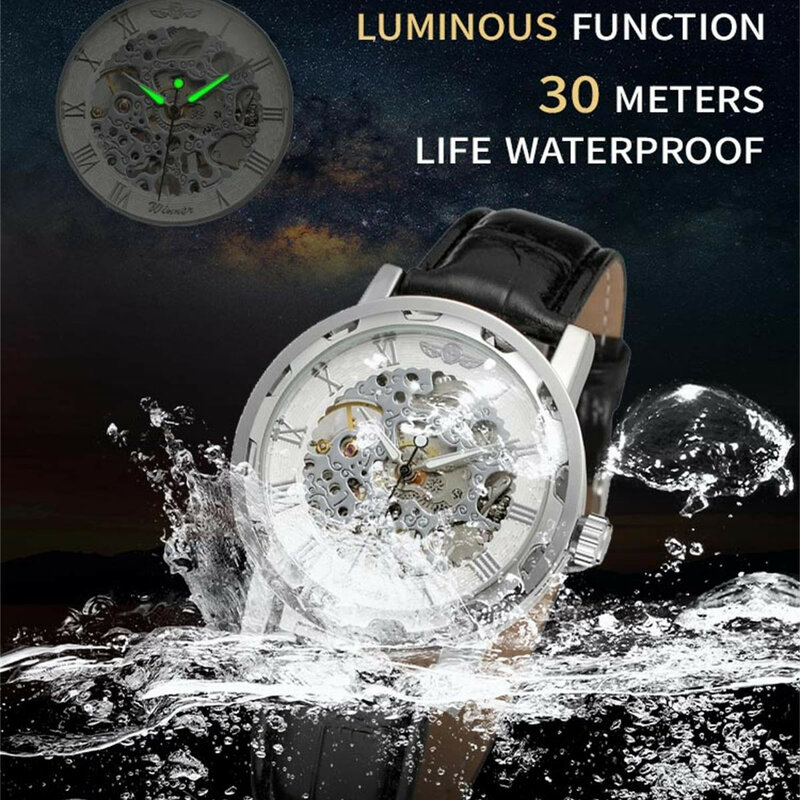 Luxe Royal Skelet Design Mannen Horloges Waterdichte Hand Wind Lichtgevende Pointer Lederen Heren Winnaar Quartz Polshorloges