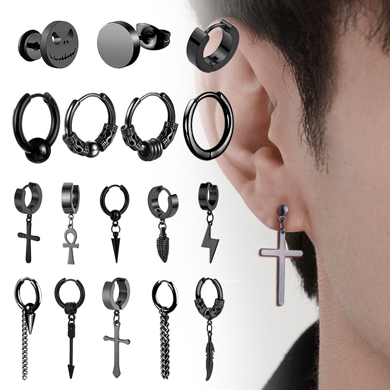 Brincos de aço inoxidável para homens e mulheres, joias de ouvido, punk, preto, vintage, hip hop, piercing, 1 pares