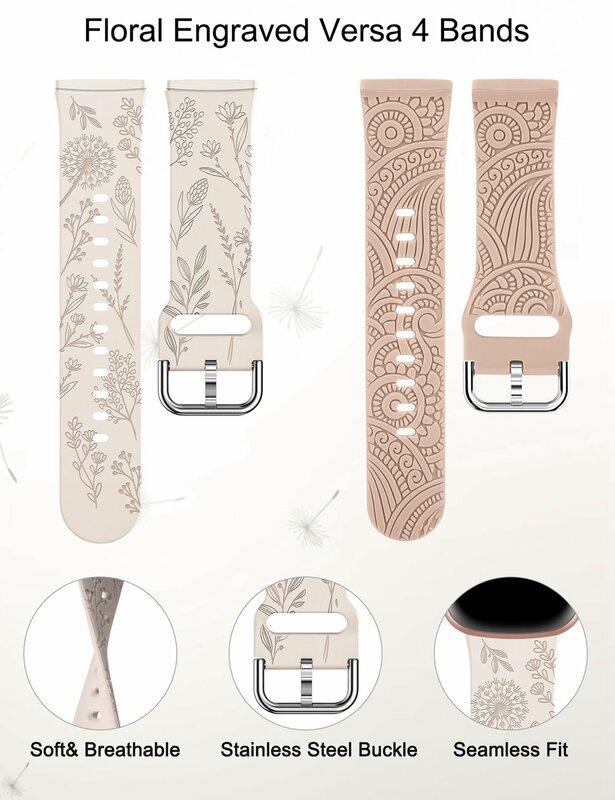Toyears 2 confezioni fascia con incisione floreale per Fitbit Versa 4/Versa 3/Sense 2/Sense donna uomo hennè Dandelion Silicone Sport Strap