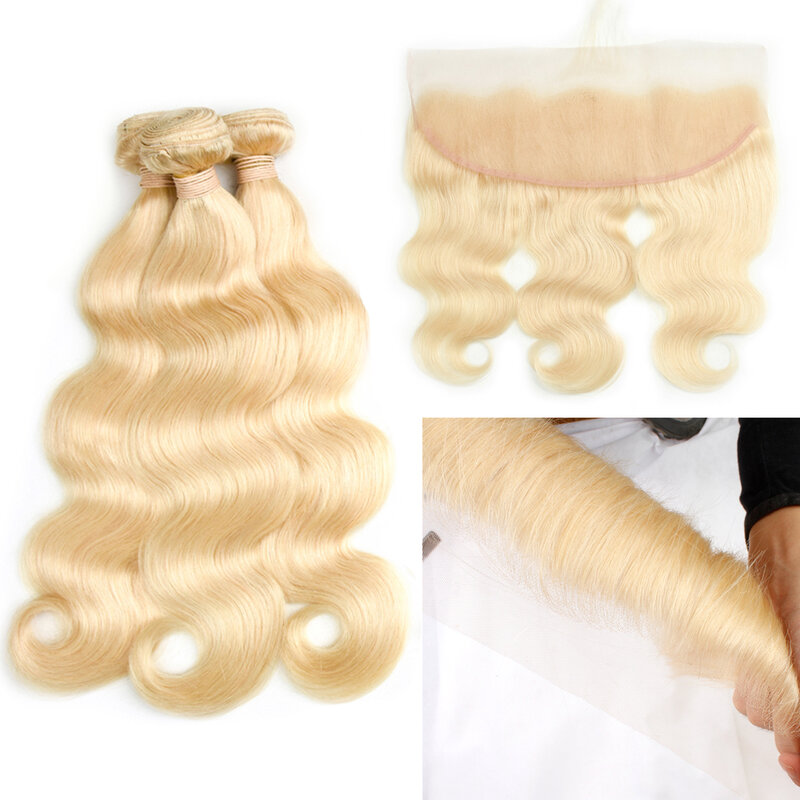 Perruque Body Wave Brésilienne Remy, Cheveux 613 Naturels, Blond Miel, Dentelle Transparente, 13x4, Pre-Plucked, Partie Libre, 100%