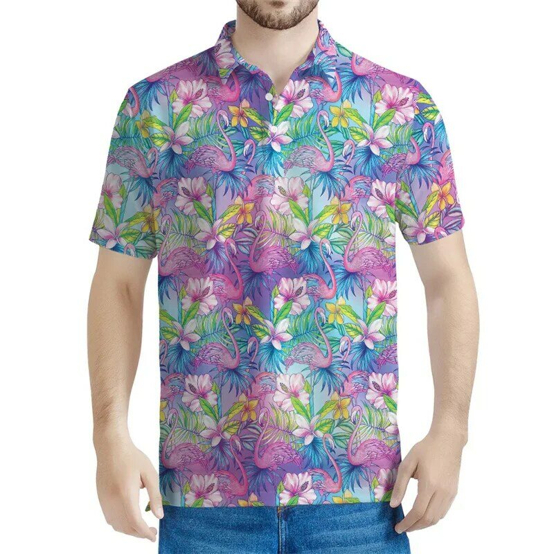Polo con estampado 3d de flamenco Tropical para hombre, camiseta Hawaiana de manga corta con botones, Tops informales de verano con solapa