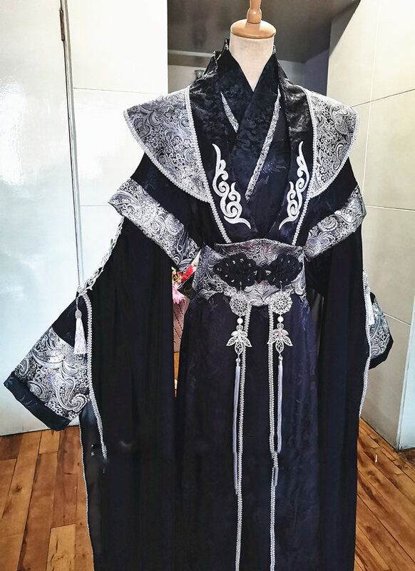 Disfraz de personaje chino Hanfu, 2 diseños, negro, plata, hombre, espadachín, príncipe, Duke, Cosplay, escenario, actuación, Drama, fotografía