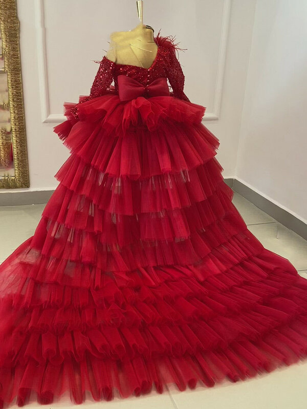Rosa Blumen mädchen Kleider für Hochzeiten Party Geburtstag Prinzessin Feder Tüll Festzug Kleid formelle Ballkleider mit langen Zug