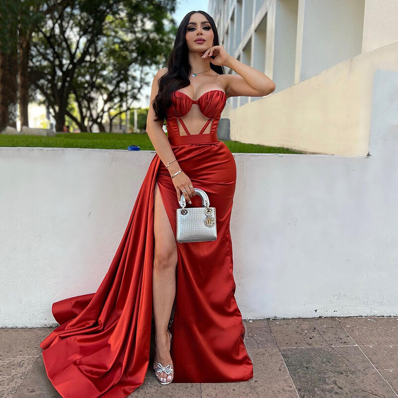 Thinyfull Red Mermaid Prom Evening Dresses 2024 Sweetheart High Split Night Dress Saudi Arabia Cocktail Party Gowns Custom Size