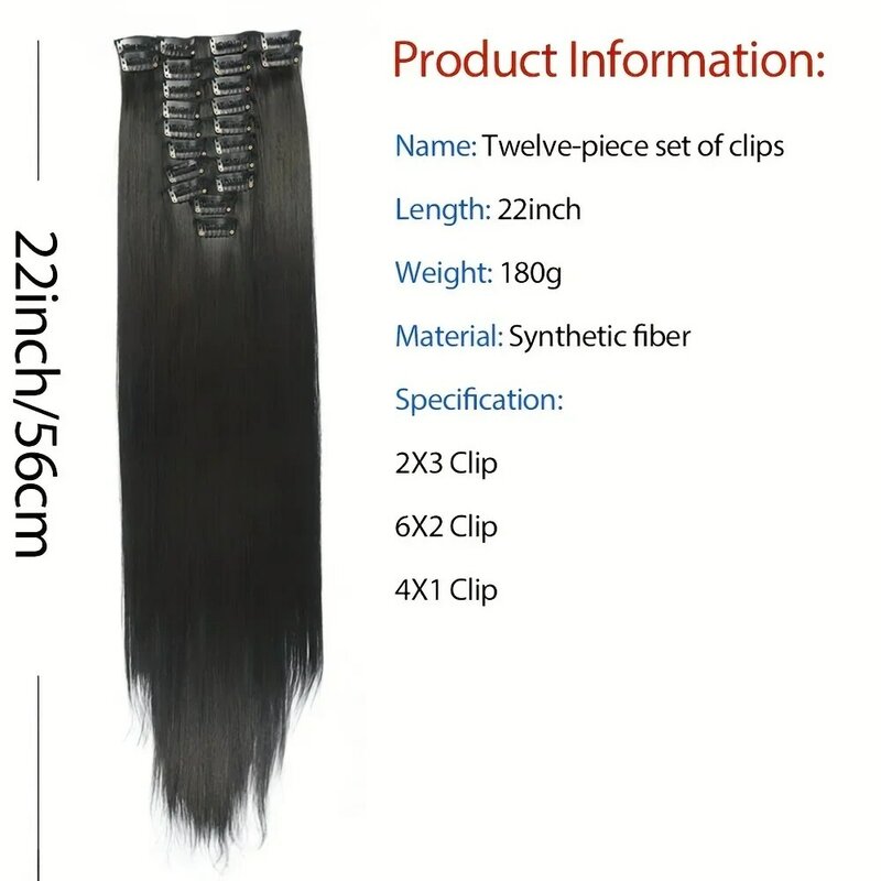 Long Hair Extensions Silky Bone, clipe reto em extensões de cabelo, perucas sintéticas, 22 "hairpieces, aumentar o volume do cabelo, 12pcs por conjunto