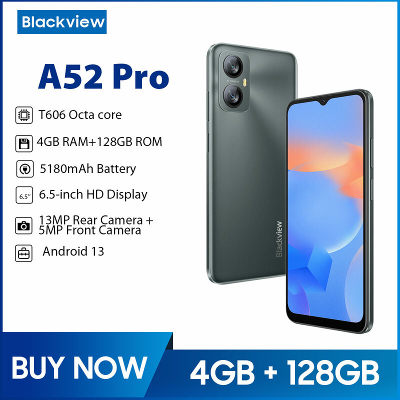 Blackview A52 Pro Smartphone 6.5 Inch Cellphone 4GB 128GB Octa Core Android 13 Mobile Phone 5180mAh 13MP Rear Camera Dual 4G
