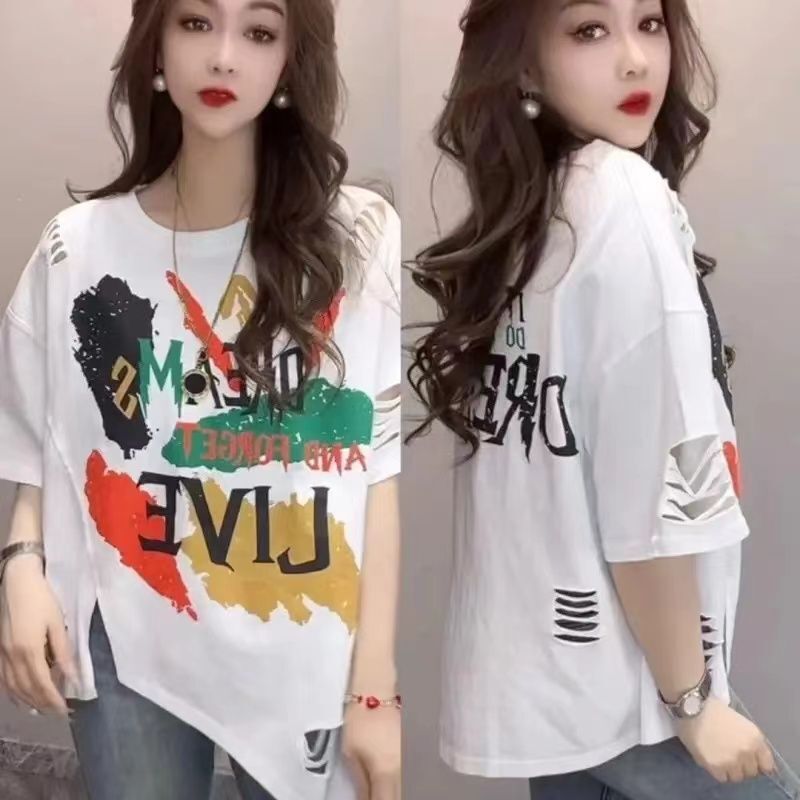 Fashion O-Neck Printed Letter Hole Irregular T-Shirts Female Clothing 2024 Summer New Loose Casual Tops Asymmetrical Tee Shirt