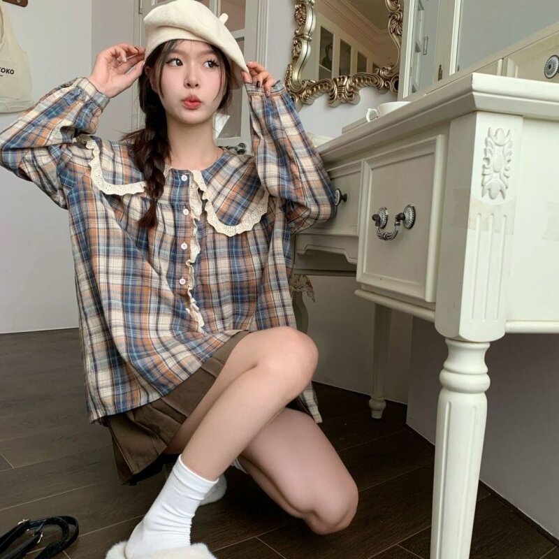 Новинка весна-осень 2023, Милая Кружевная Свободная рубашка в стиле ретро, корейский топ с оборками, женская модель