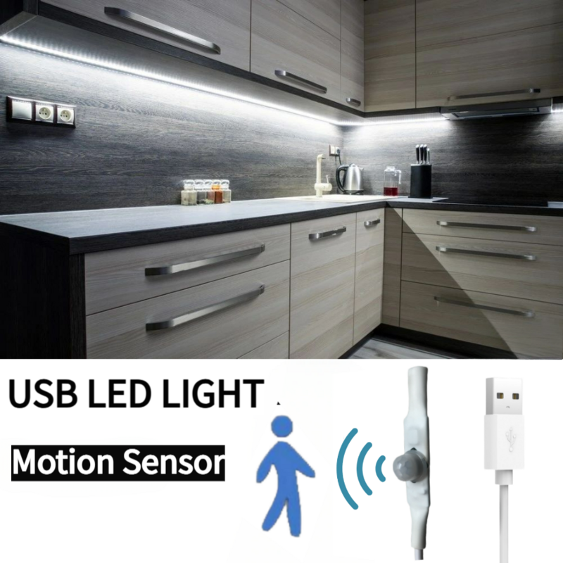 Strip LED USB 5V, dengan sapu tangan/Sensor gerak manusia 1M 2M 3M 5M pita dekorasi pita cahaya untuk ruang dapur TV
