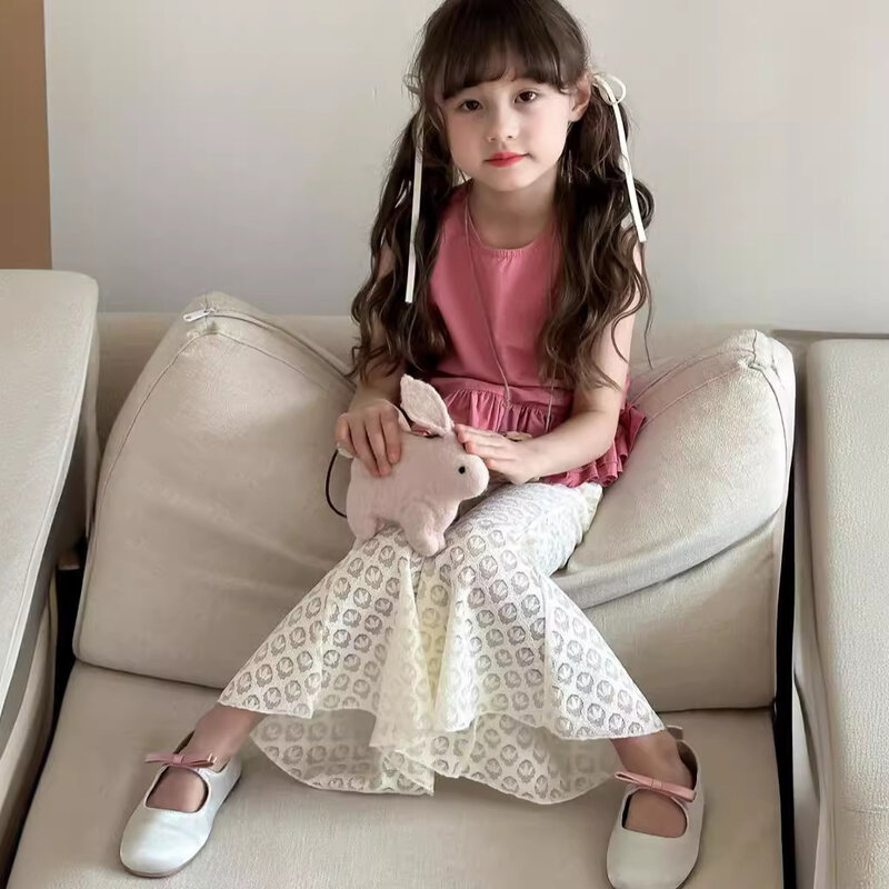 Children Pants 2024 New Children Girls Summer Casual Pants White Lace Fishtail Flared Pants Teenage Girls Clothing