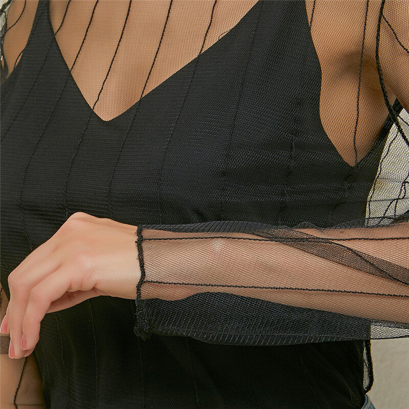 Camisa de encaje de manga larga con cuello levantado para mujer, camisa de malla, Tops negros, Top transparente Sexy de rejilla transparente
