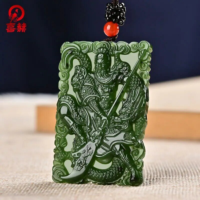UMQ Wu God of Wealth Lord Guan Gong Pendant Men's Spinach Green Square Brand Jade Glaze Good Lucky Guardian Amulet Bless Peace