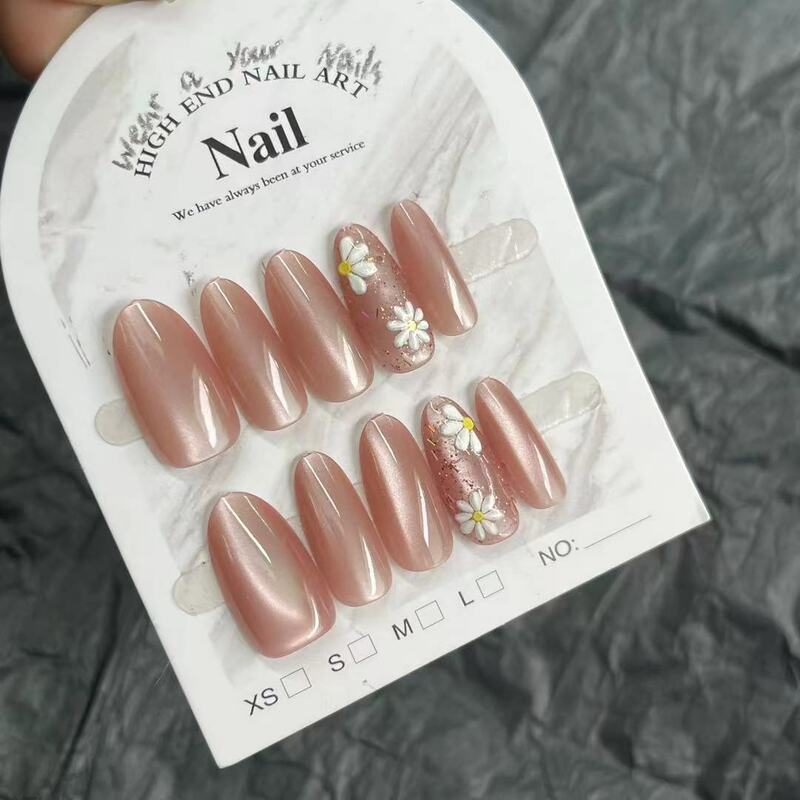 10PCS Press on Nail Almond Nude Cat Eye Fake Nails Shiny Daisy Pattern Korean Design False Wearable Artificial Art Nail Tips