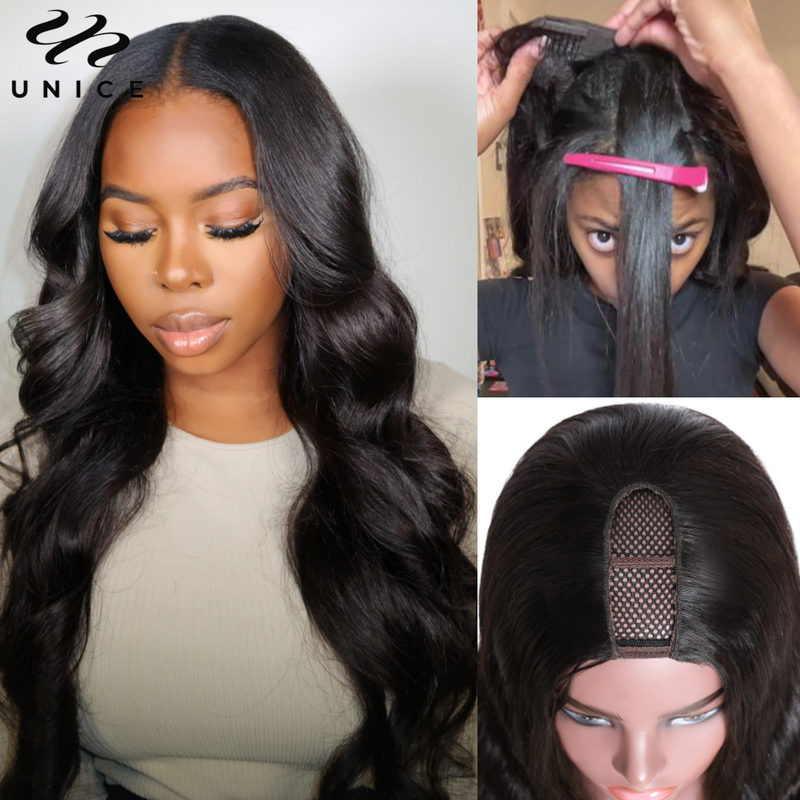 UNice-Glueless U parte peruca para mulheres, cabelo humano, perucas de onda do corpo, couro cabeludo real, fácil instalação, 250% densidade