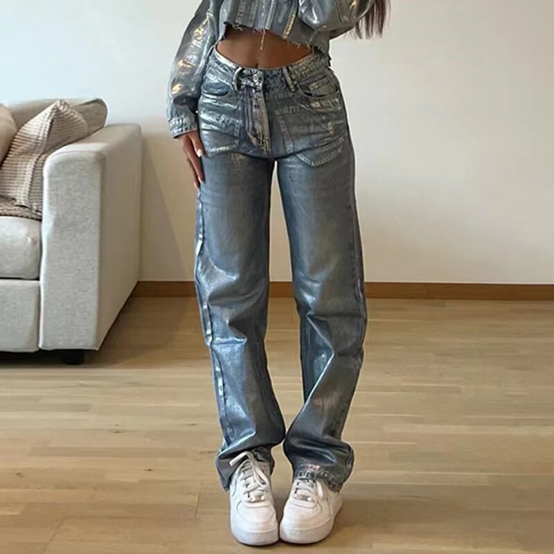 Denim Planet Women's Summer Washed Personalized Blue Black Hot Silver High Waisted Versatile Straight Leg Style Long Jeans
