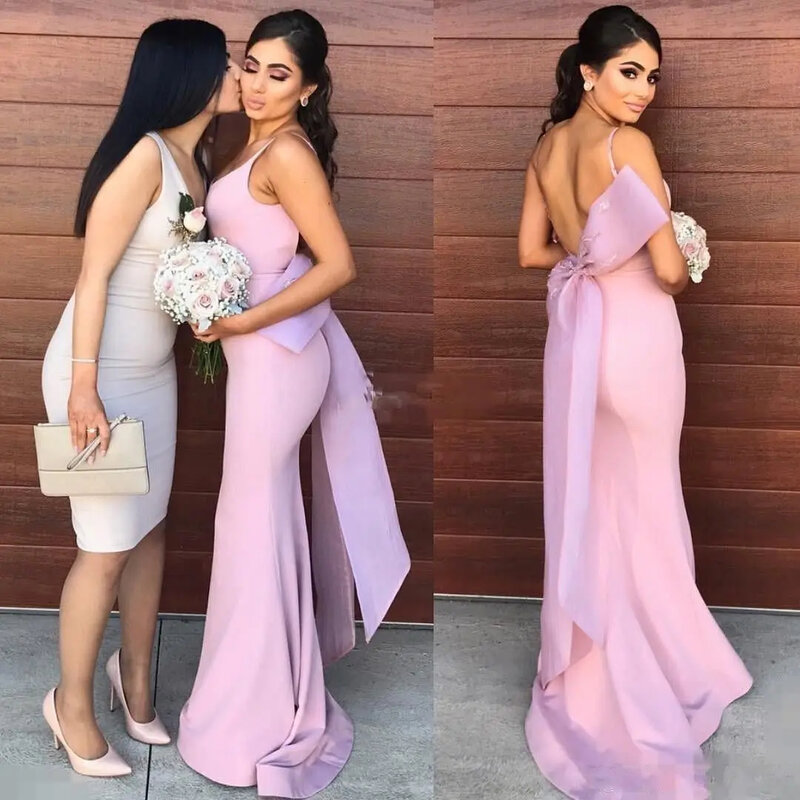 Dusty Pink Mermaid Backless Bridesmaid Dresses Long Spaghetti Straps Bow Party Dress Maid of Honor Wedding Guest Gowns 2024