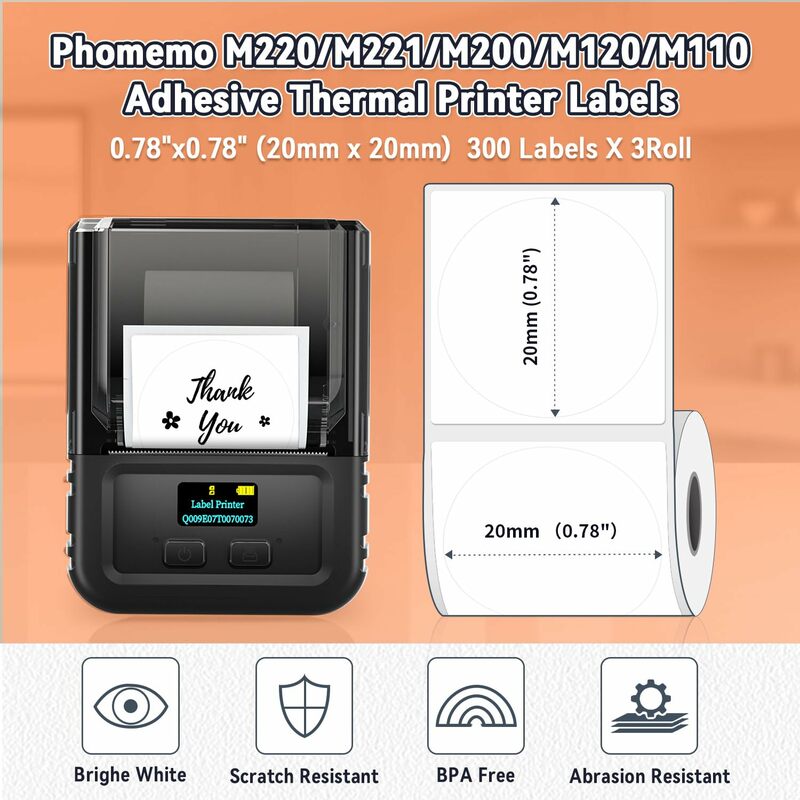 Phomemo-Papier auto-adhésif thermique Attro, papier rond transparent, papier collant pour imprimante, M110, M220, M200, M221