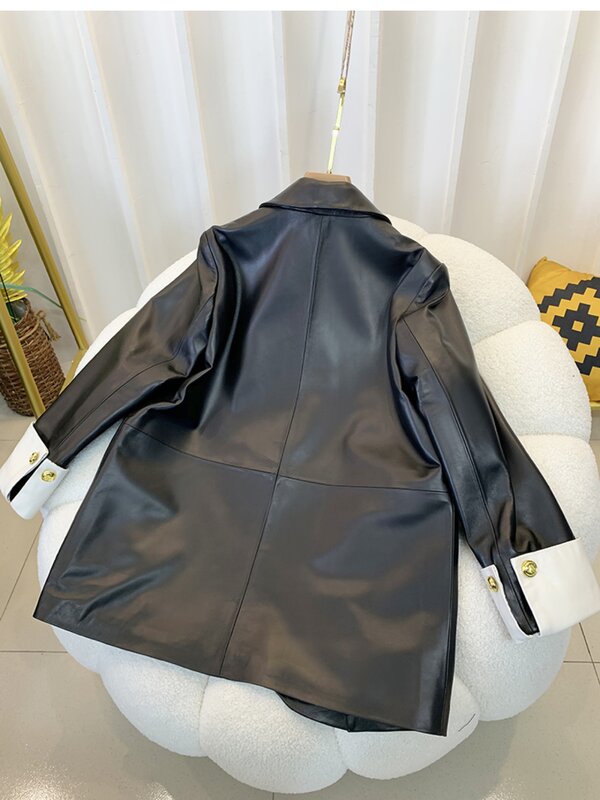 Blazer de couro genuíno trespassado feminino, jaquetas de alta qualidade, casaco elegante, estilo coreano, moda primavera, C012, 2022