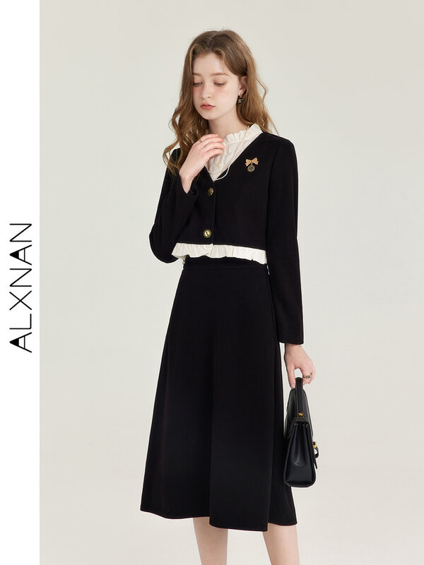 ALXNAN setelan modis Perancis wanita t0206, atasan wangi kecil elegan baru musim gugur 2024, rok hitam ramping pinggang tinggi dijual terpisah