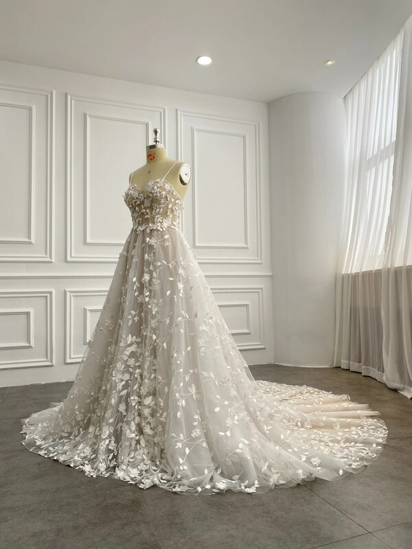 Latest 3D Flower Fairy Tale Custom Ready Made Champagne Wedding Dress Bridal Gown