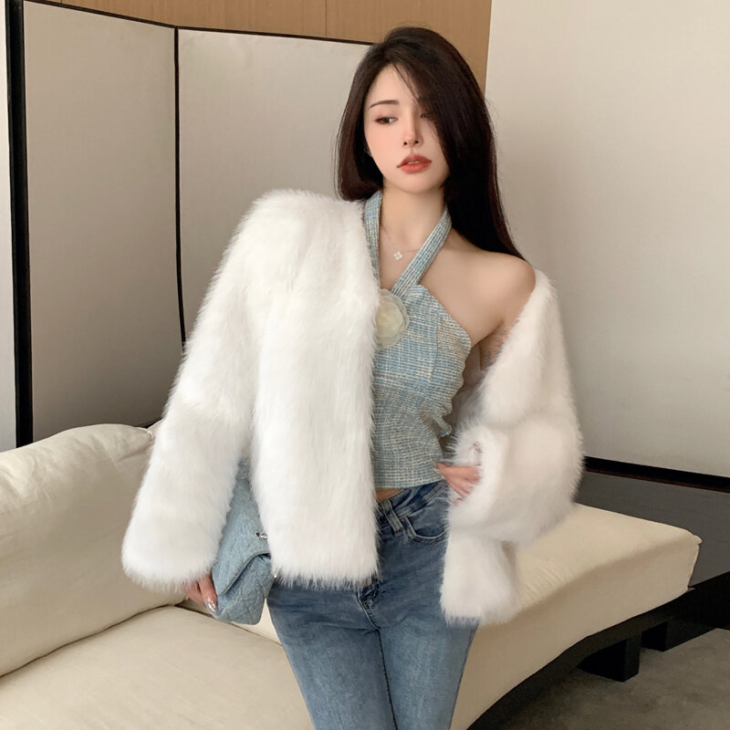 Зимнее новое пальто из искусственного меха, кардиган с длинными рукавами, дизайнерская корейская мода, женская модель, v-образный вырез, горячая Распродажа, теплые пальто для девочек