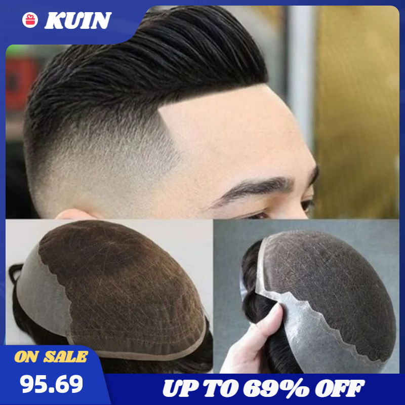 Kuin Natural Lace & PU Men Toupee Hair System protesi capillare da uomo 100% parrucca per capelli umani per uomo capelli traspiranti parrucchino da uomo