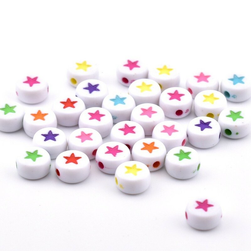 50pcs/lot 7*4*1mm DIY Acrylic letter beads Round white background colored star bead for jewelry making