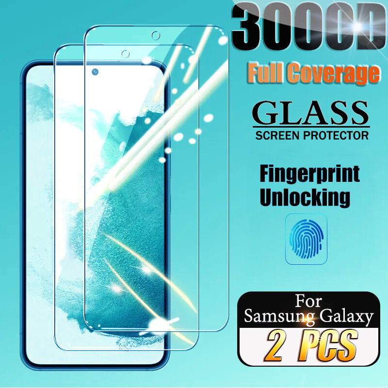 กระจกนิรภัย HD 2ชิ้นสำหรับ Samsung Galaxy S24 S22 S21 S23เป็นพิเศษอุปกรณ์ป้องกันหน้าจอ Note 20ลายนิ้วมือปลดล็อค Note20 FE 5g