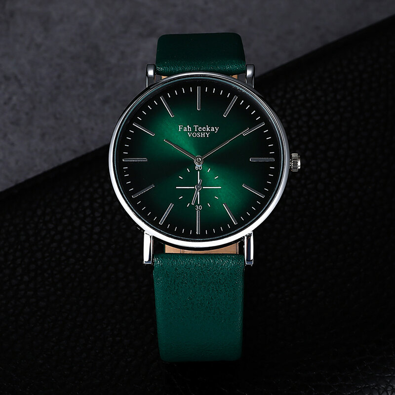 Relógio de pulso quartzo de couro feminino e masculino, relógio feminino, pulseira casual, simples, preta, verde, liga, relógio, moda