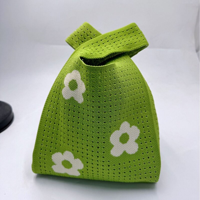 Bolsa de malha artesanal para mulheres, bolsa de pulso mini nó, cor casual, listra larga, xadrez, sacolas de compras reutilizáveis para estudantes
