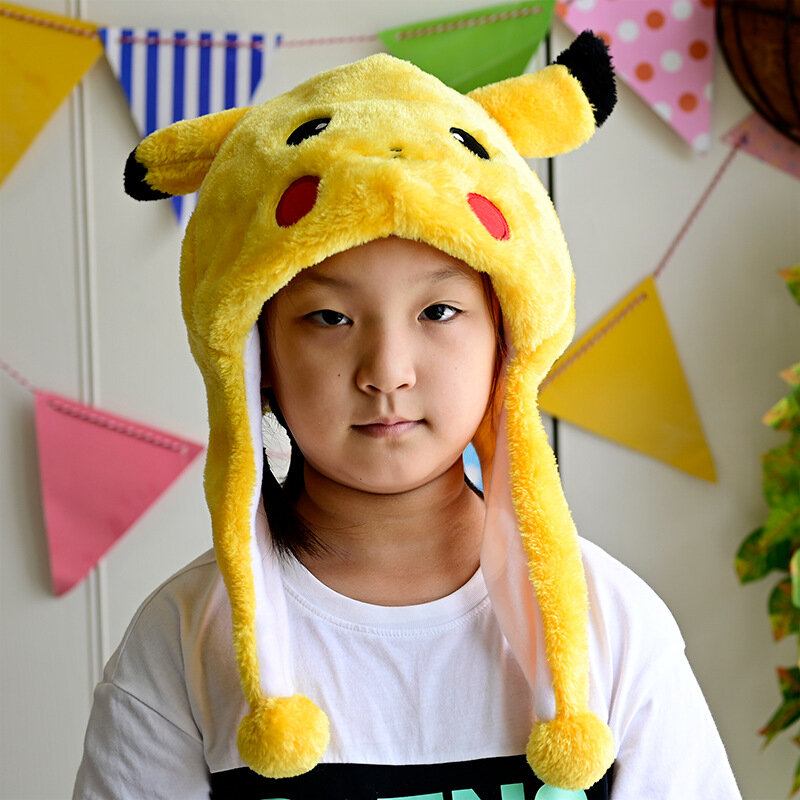 Cartoon Pikachu Plush Hats Animal Winter Warm Cute Cap Winter Ski Hat Beanie Aviator Style Kawaii Bunny Short Hat for Kids Adult