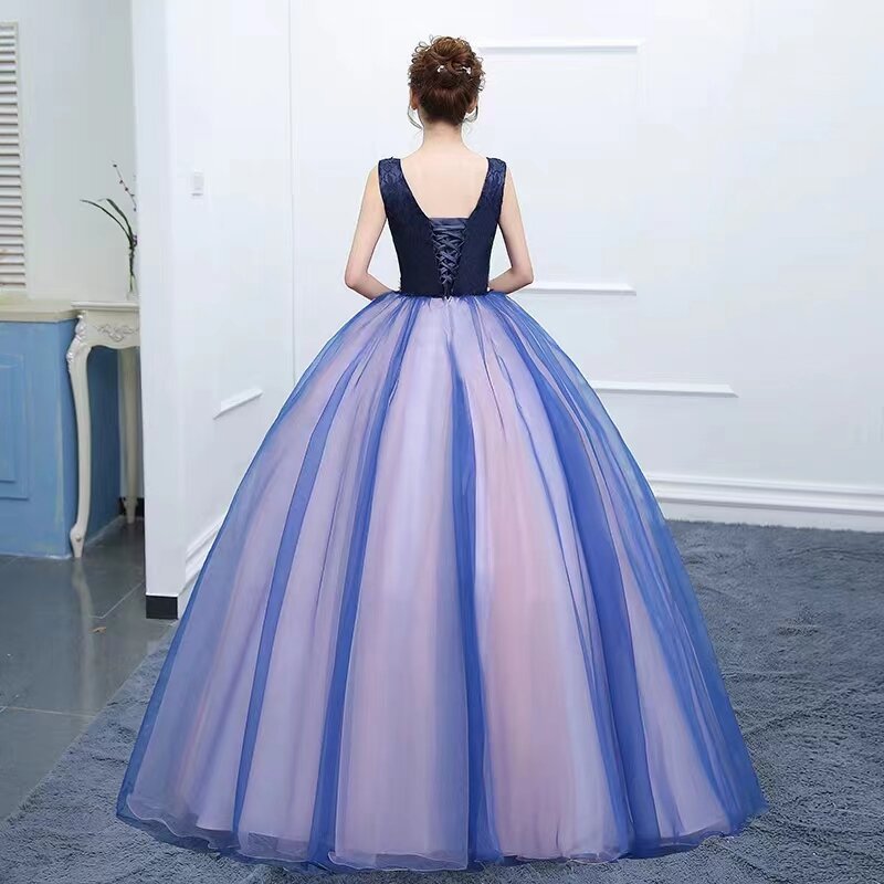 Sexy V-neck Quinceanera Dresses New Dark Blue Tulle Ball Gown Colorful Lace Appliques Elegant Sweet 15 Dress Vestido De Baile