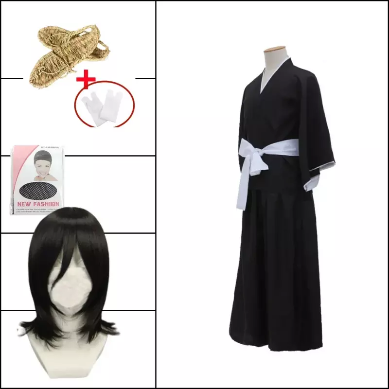 Anime BLEACH Kuchiki Rukia Shinigami Cosplay Costume Wig Shoes Set