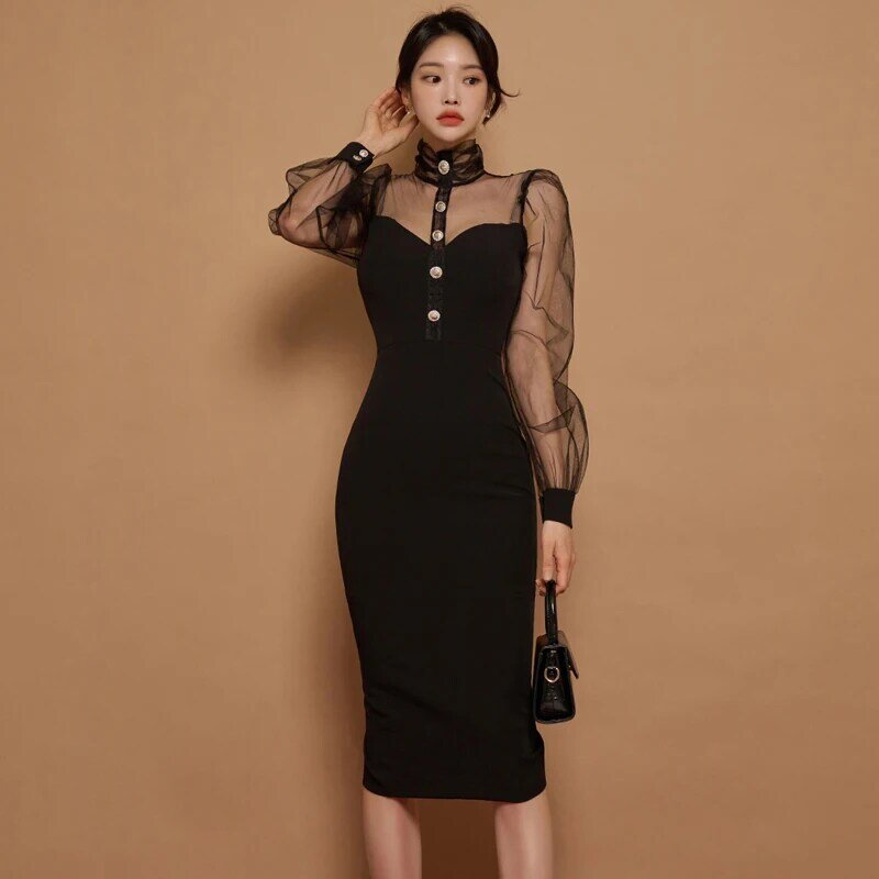 Harajpoo-Vestido feminino de pescoço alto de comprimento médio, nova versão coreana do estilo da deusa, cintura emendada, quadril enrolado, OL Lady Vestidos