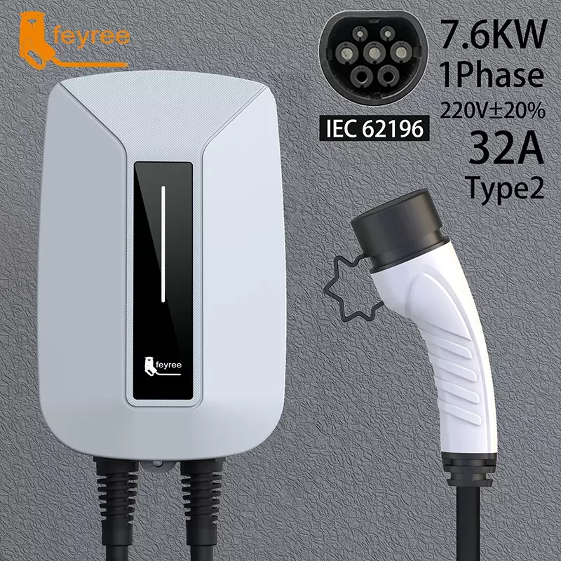 Feyree EVSE 월박스 전기 자동차용 EV 충전기, 타입 2 플러그, IEC62196-2 소켓, 1 상 5m 케이블, 월마운트 충전 스테이션, 32A, 7KW