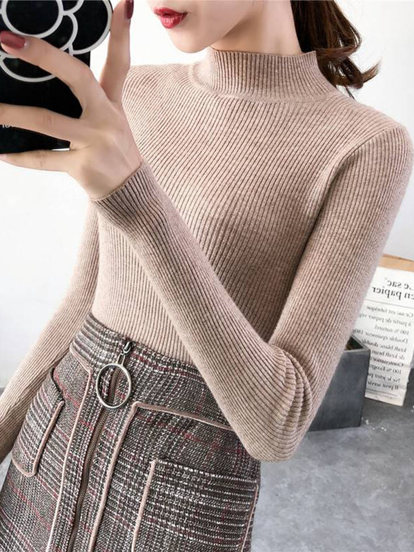 Autumn Winter Mock Neck Women Sweater Vintage Basic Solid Knitted Tops Casual Slim Pullover Korean Sweaters Simple Chic Jumpers