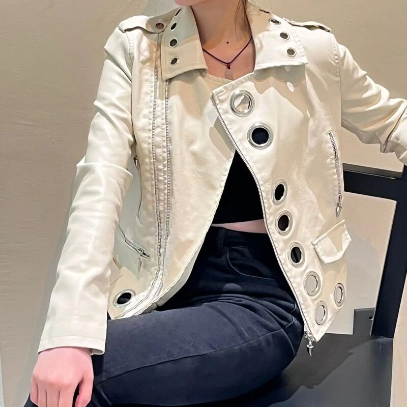 Jaqueta de couro PU feminina, anel de metal, roupa curta, versátil, primavera, outono, novo, moda, 2024