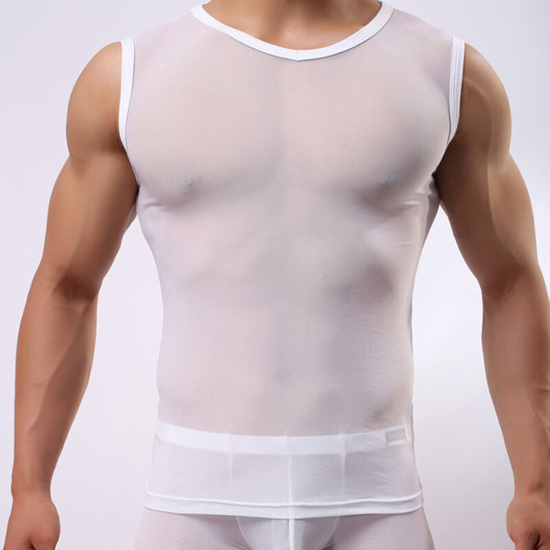 Gorące męskie letnie przezroczyste kabaretki seksowna podkoszulek koszulka klubowa sportowa koszulka z krótkim rękawem wygodne kamizelka uwidaczniająca mięśnie