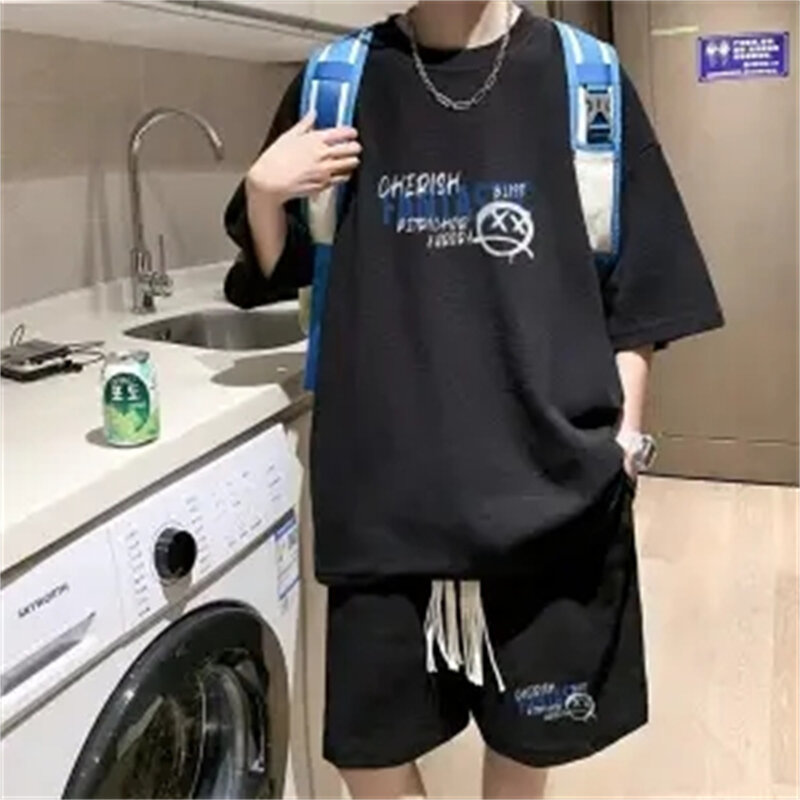 New Summer Fashion Men Short Sets Anime Bear Graphic Tracksuits Trend Sportwears 2 Piece Suits Streetwear Unisex Outfits